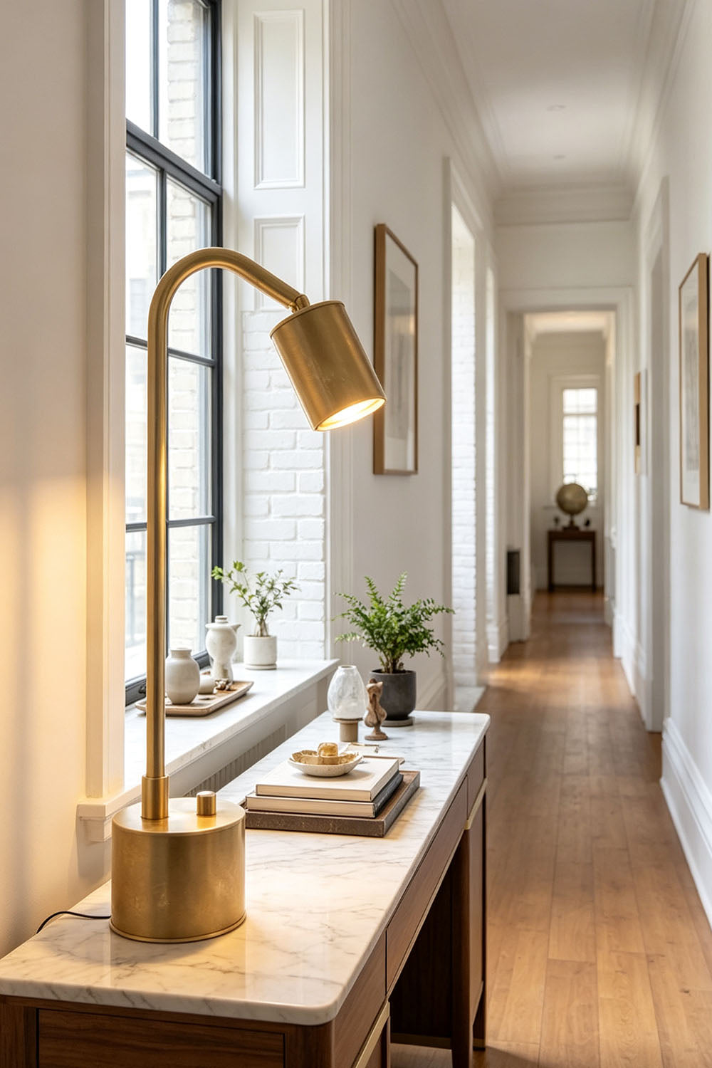 Ivor Knurled Brass Task Table Lamp | Knurled Brass and Metal | Illuminating a wooden console table in a bright hallway corridor | vexa lamps