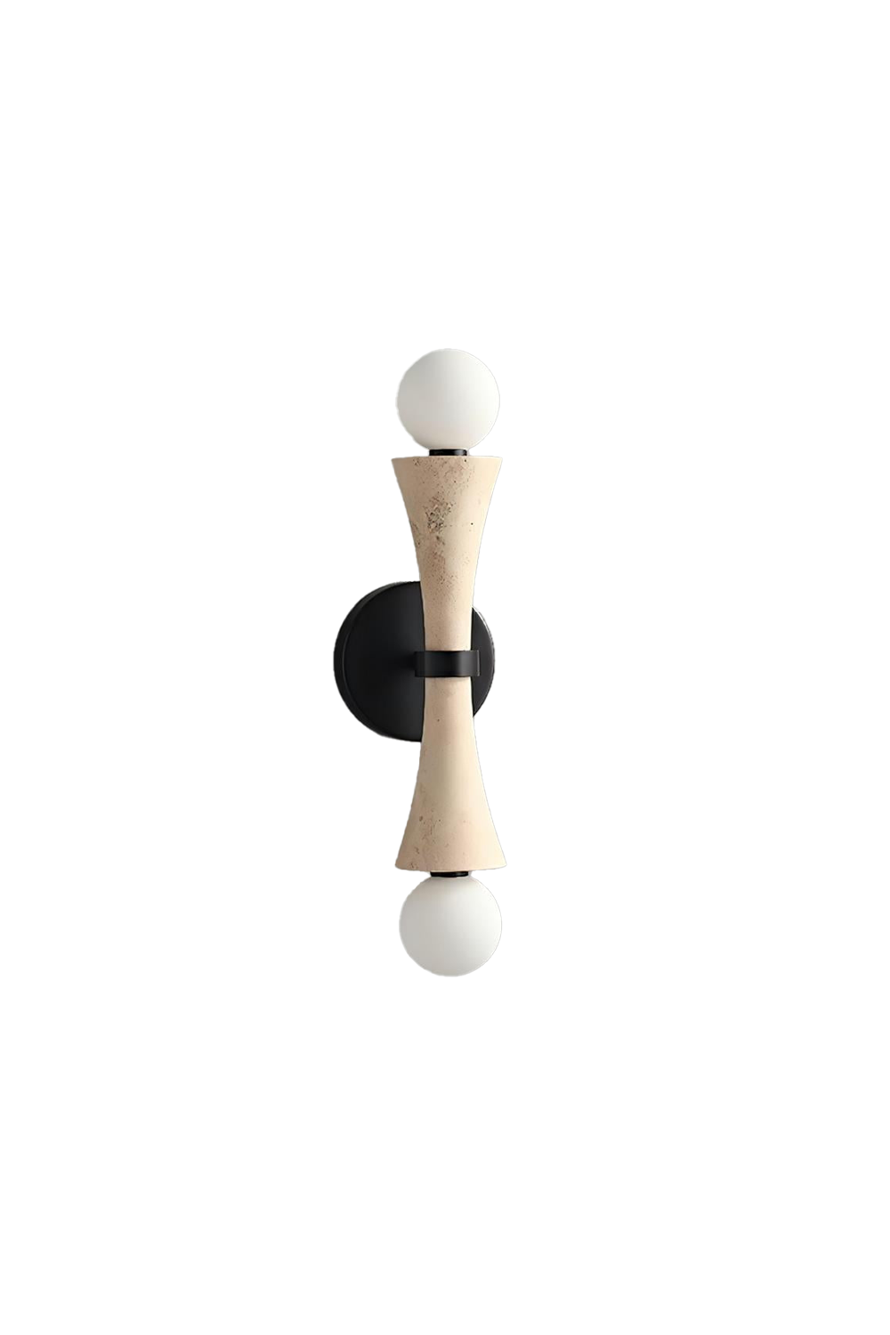 Katia Travertine Hourglass Wall Lamp | Travertine, Metal | Isolated unlit view of a modern architectural wall sconce featuring an hourglass-shaped natural beige travertine stone body and dual round glass globe bulbs on a black bracket | White background | vexa lamps