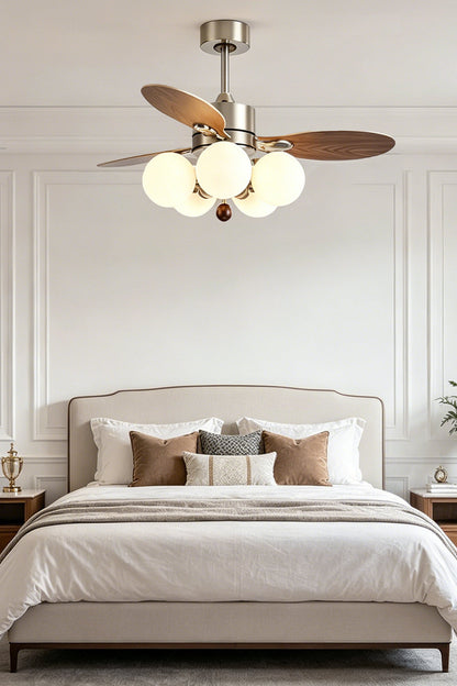 Keller Wooden Ceiling Fan Light | Wood, Glass, Metal | Installed as elegant overhead bedroom lighting casting a warm ambient glow above a large platform bed in a serene white classical room | vexa lamps
