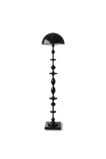 Kira Beaded Mushroom Floor Lamp | Metal, Glossy Finish | Isolated studio shot on a clean white background, showcasing the glossy black mushroom dome shade and geometric beaded sculptural stem | vexa lamps