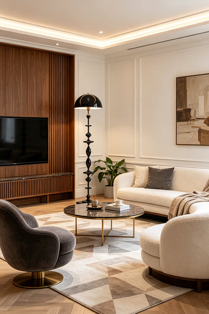 Kira Beaded Mushroom Floor Lamp | Metal, Glossy Finish | Set in a modern living space next to a chic grey armchair and minimalist coffee table, casting an upscale vibe | vexa lamps
