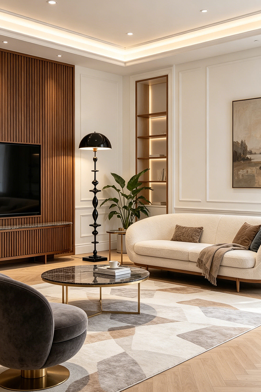 Kira Beaded Mushroom Floor Lamp | Metal, Glossy Finish | The black version standing in a contemporary living room featuring rich wood wall paneling and a cream sofa | vexa lamps