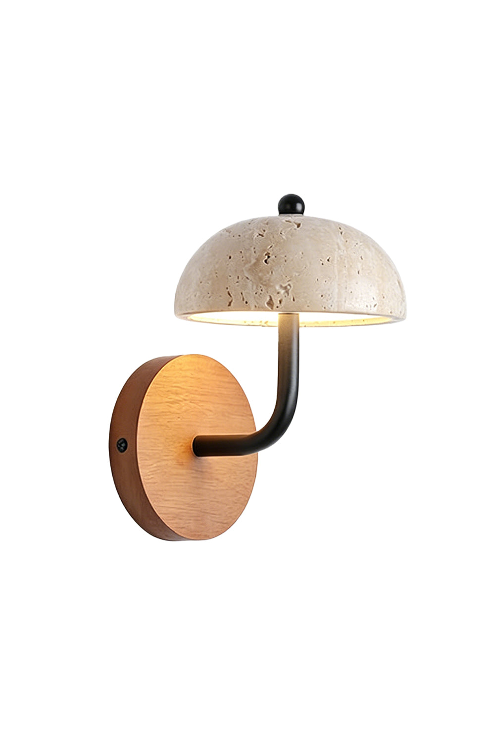 Koba Travertine Mushroom Wall Lamp | Travertine, Wood, Metal | Minimalist mushroom-shaped beige travertine shade with a curved black metal arm and a round oak wood backplate | Isolated product shot on white background | vexa lamps