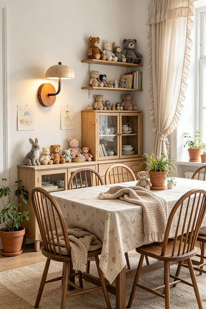Koba Travertine Mushroom Wall Lamp | Travertine, Wood, Metal | Casting a warm accent glow on a wall in a rustic dining room with a linen-covered table and wooden chairs | vexa lamps
