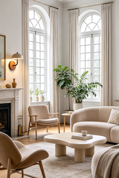 Koba Travertine Mushroom Wall Lamp | Travertine, Wood, Metal | Installed as elegant accent lighting in a bright classic living room with cream sofas and arched windows | vexa lamps