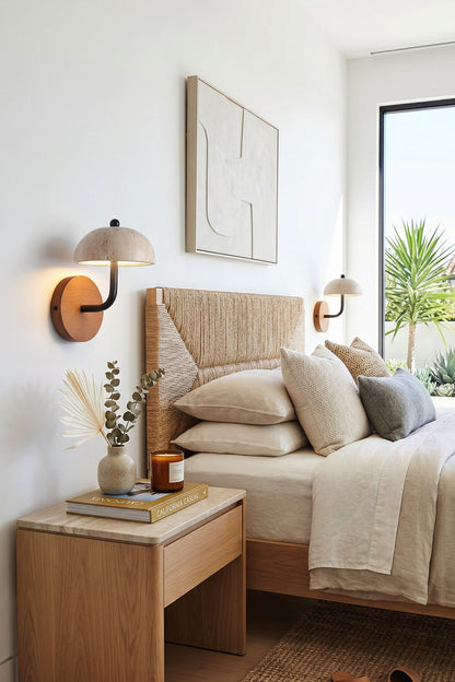 Koba Travertine Mushroom Wall Lamp | Travertine, Wood, Metal | Positioned over a light wood bedside table next to a woven rattan headboard bed under soft lighting | vexa lamps