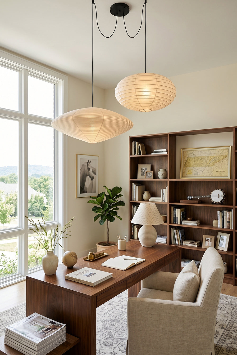 Komorebi Mulberry Paper Pendant Light | Paper, Bamboo | Two organic paper ovals providing soft ambient light in a modern home study room above a dark wood executive desk | vexa lamps