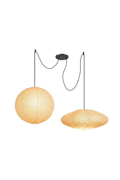 Komorebi Mulberry Paper Pendant Light | Paper, Bamboo | Studio view of a lit 2-light organic paper lantern combination throwing a warm white glow on a plain backdrop | vexa lamps