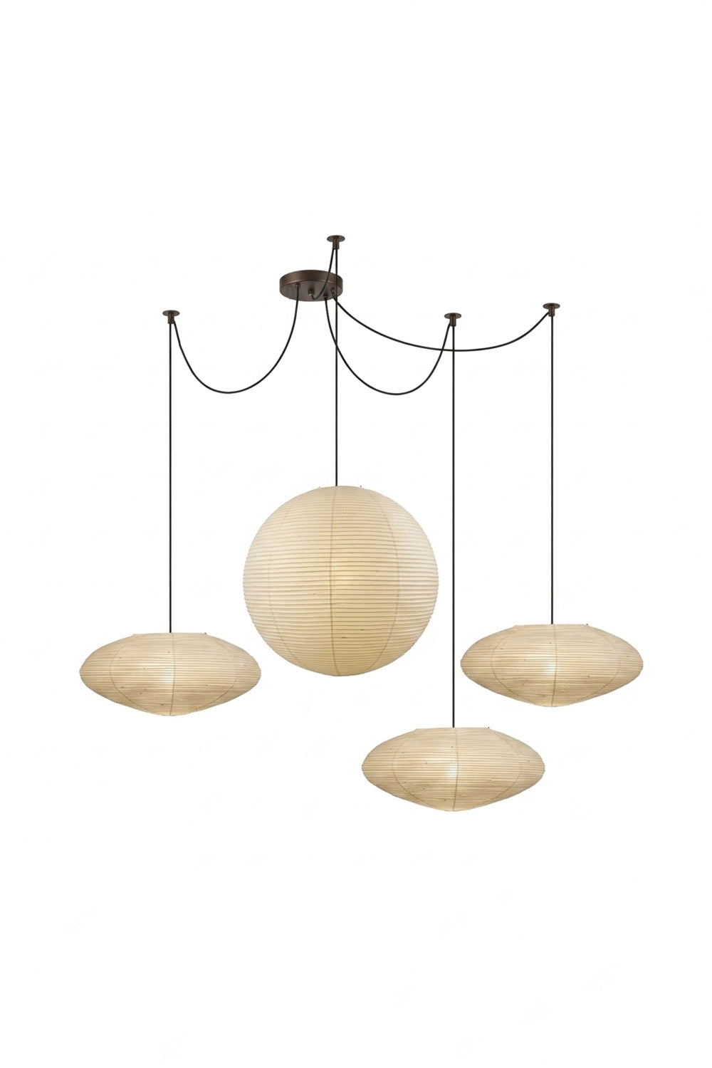 Komorebi Mulberry Paper Pendant Light | Paper, Bamboo | Studio view of an unlit 4-light multi-pendant cluster system combining different geometric paper lantern shapes | vexa lamps