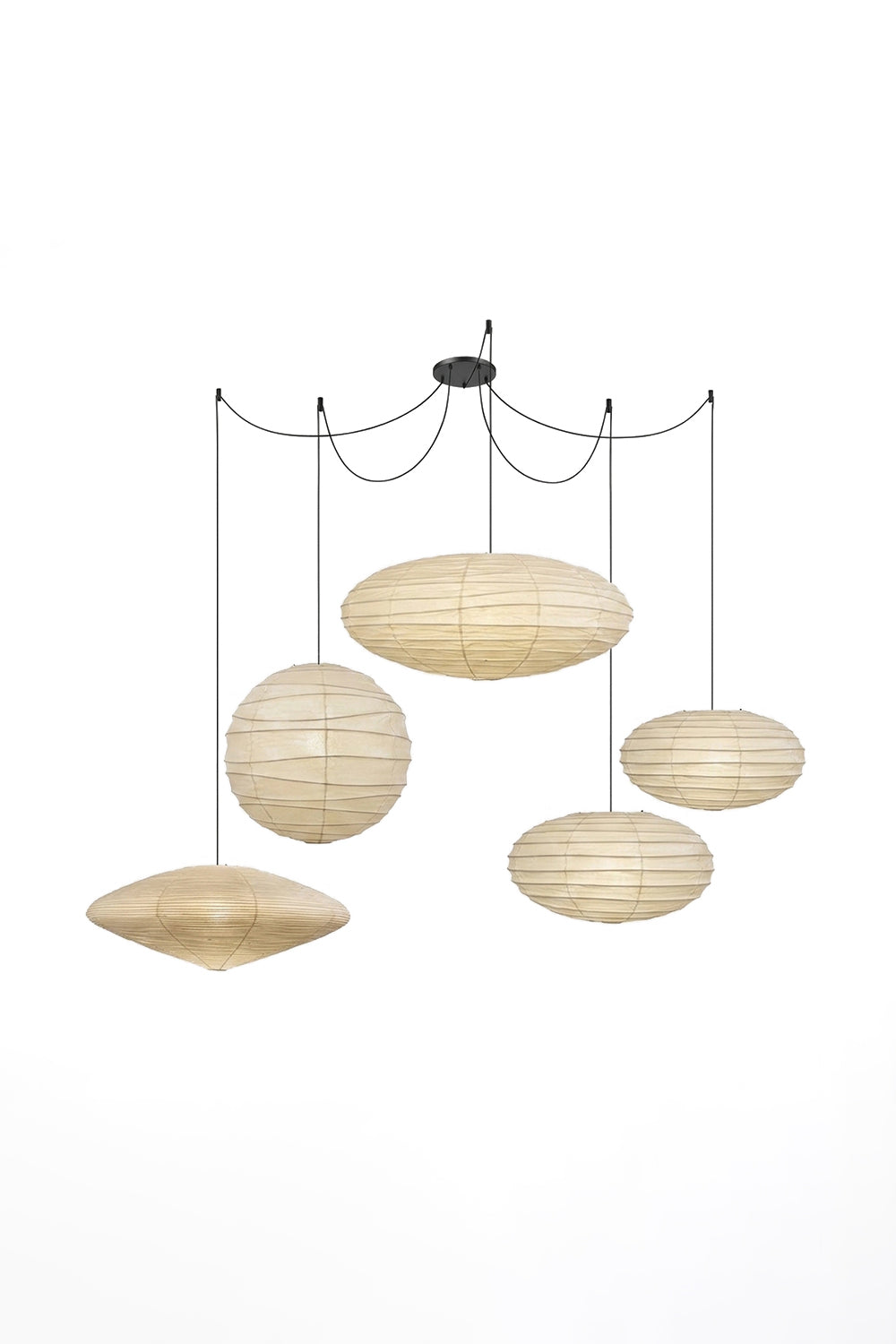 Komorebi Mulberry Paper Pendant Light | Paper, Bamboo | Studio view of an unlit 5-light cascading paper lantern chandelier system against a plain white background | vexa lamps
