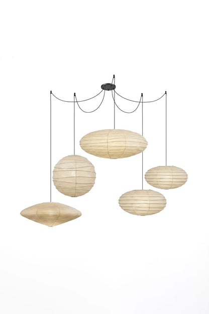 Komorebi Mulberry Paper Pendant Light | Paper, Bamboo | Studio view of an unlit 5-light cascading paper lantern chandelier system against a plain white background | vexa lamps
