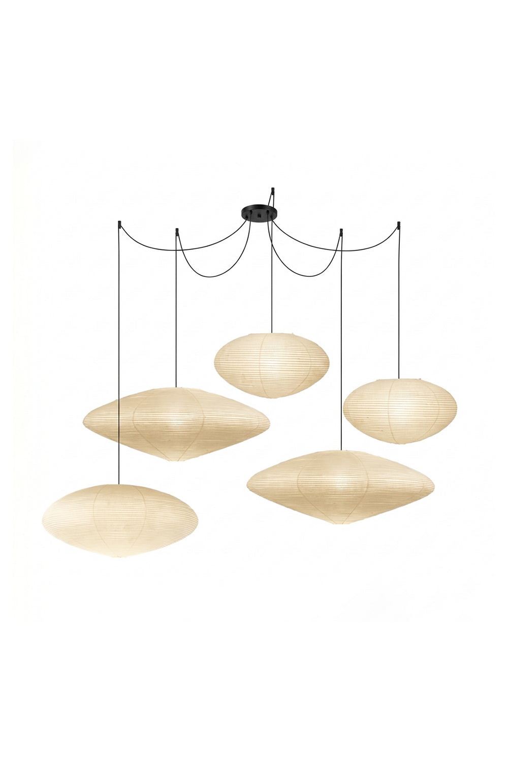 Komorebi Mulberry Paper Pendant Light | Paper, Bamboo | Studio view of an unlit 4-light cluster variant showcasing varied wide saucer-shaped paper lantern modules | vexa lamps