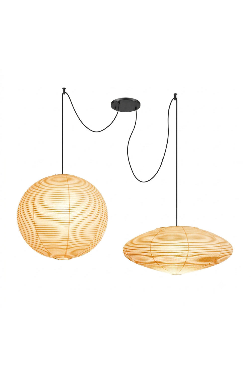 Komorebi Mulberry Paper Pendant Light | Paper, Bamboo | Isolated lit view of a 2-light Japandi style pendant system featuring a spherical and an elongated saucer-shaped mulberry paper lantern suspended by black swag cords from a single ceiling canopy | White background | vexa lamps