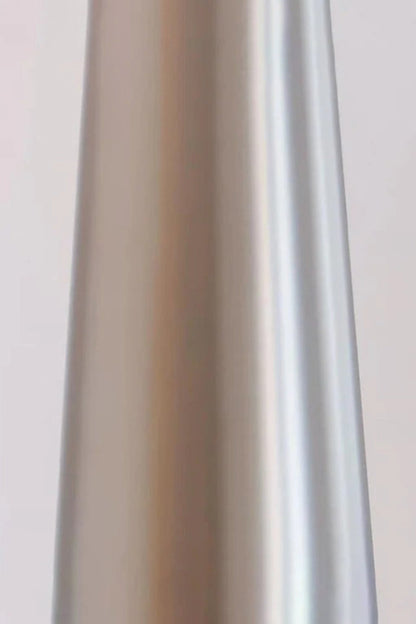 Lazuro Postmodern Cone Floor Light | Metal, Fabric | Macro close-up focus on the sleek brushed chrome silver finish of the tall tapered cone metal stem | Detail shot | vexa lamps