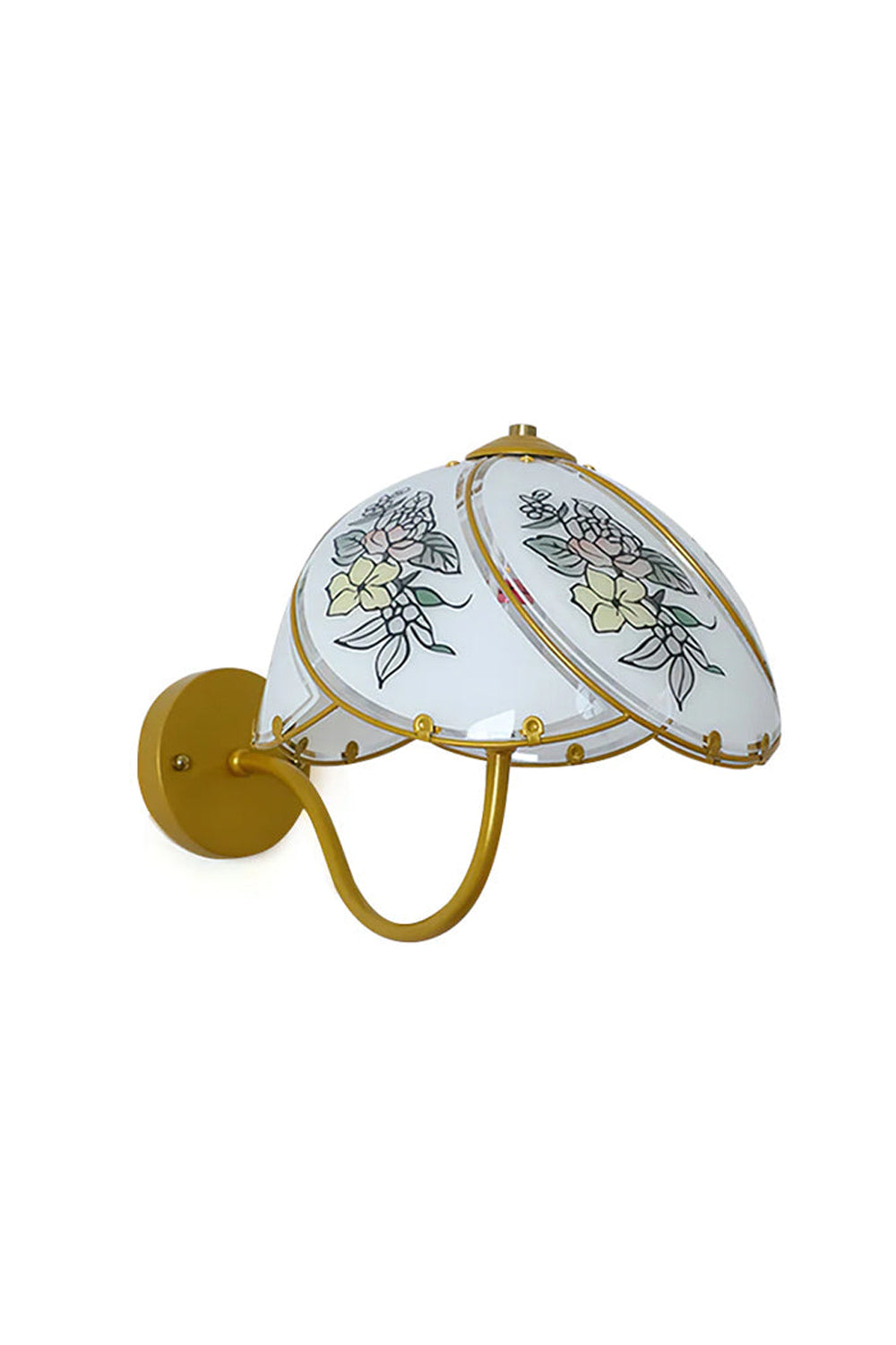 Lillian Retro Floral Wall Lamp | Glass, Metal | Vintage wall sconce with white scalloped glass panels painted with floral patterns and a curved golden brass arm | Isolated lit product shot on white background | vexa lamps