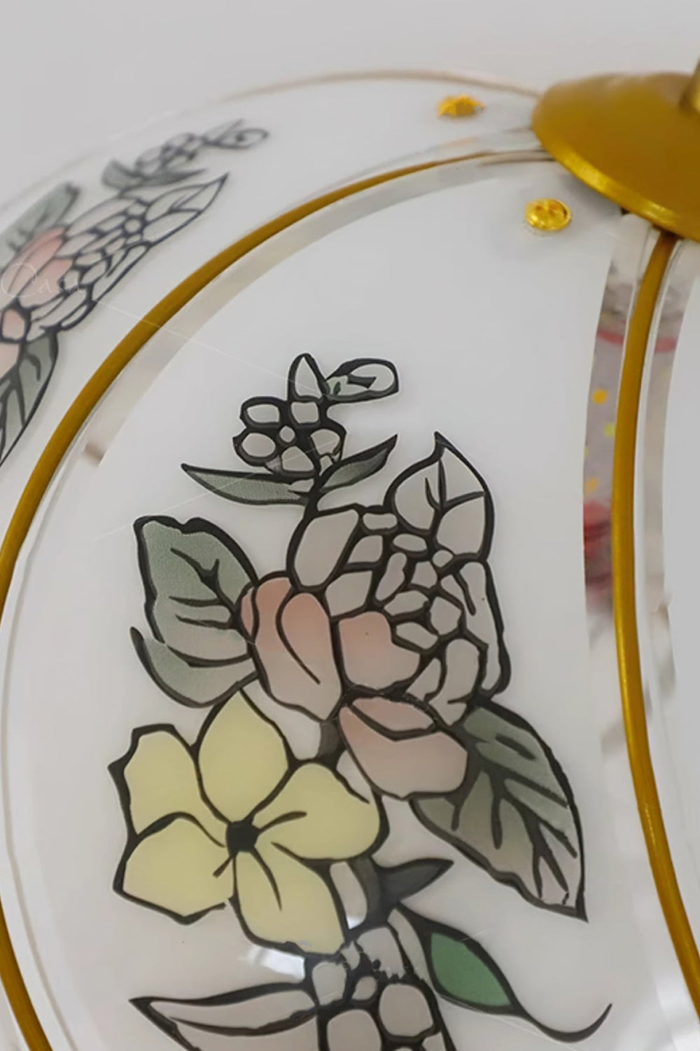 Lillian Retro Floral Wall Lamp | Glass, Metal | Detailed close-up view of the unlit white glass shade displaying elegant painted rose and floral motifs | Detail shot | vexa lamps