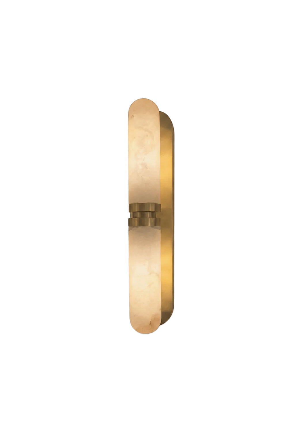 Linea Alabaster Capsule Wall Sconce | Alabaster, Brass | Side isolated view of a modern vertical capsule-shaped wall sconce featuring a smooth natural white alabaster stone shade on a brushed gold brass backing | White background | vexa lamps