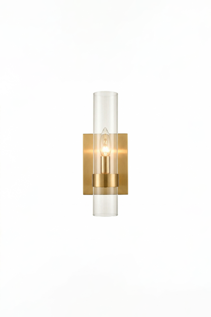 Lit linear brass and glass wall sconce | Brass, Glass | Front view isolated on white background | vexa lamps