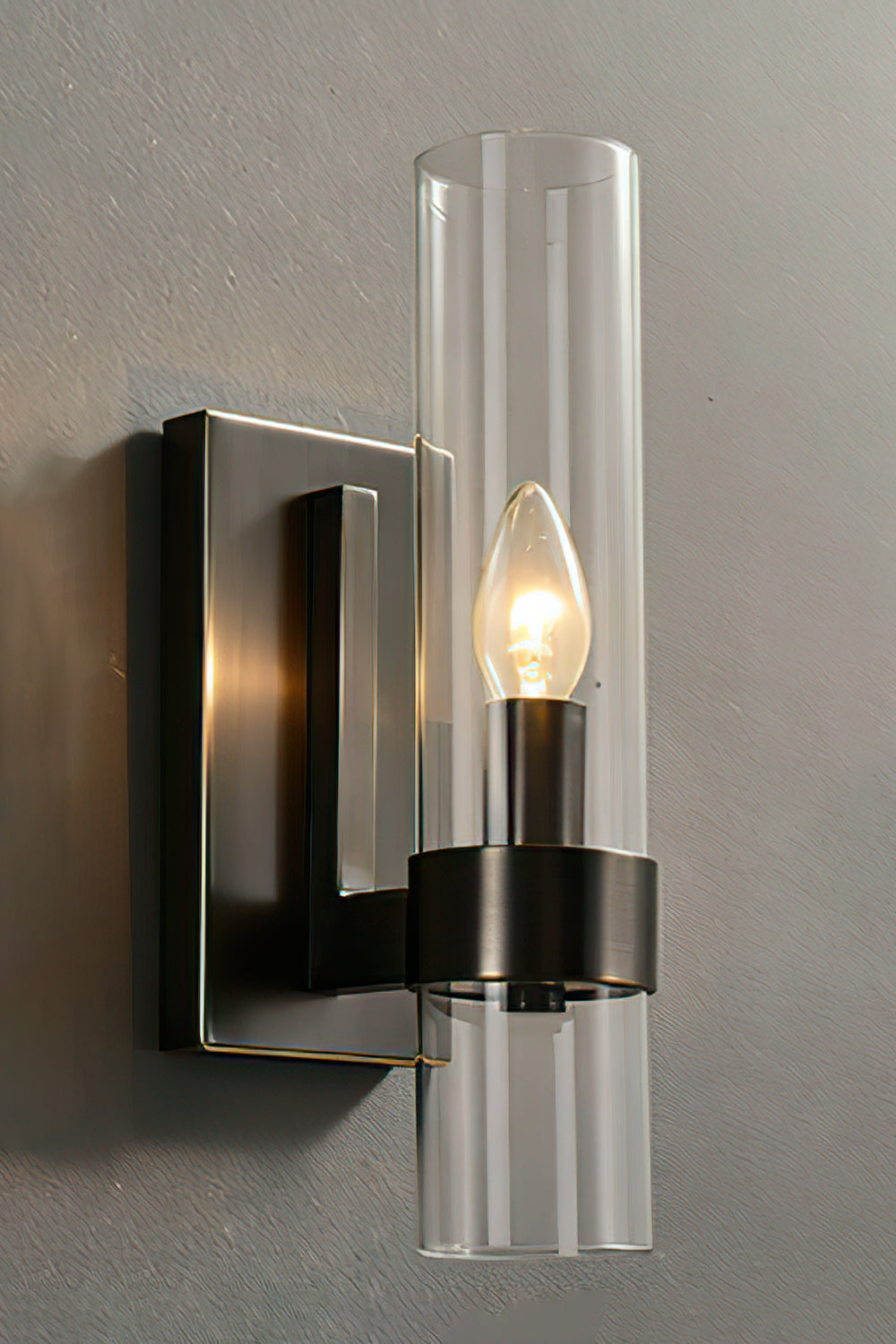 Linear metallic black wall sconce | Brass, Glass | Angled product view showing black finish | vexa lamps