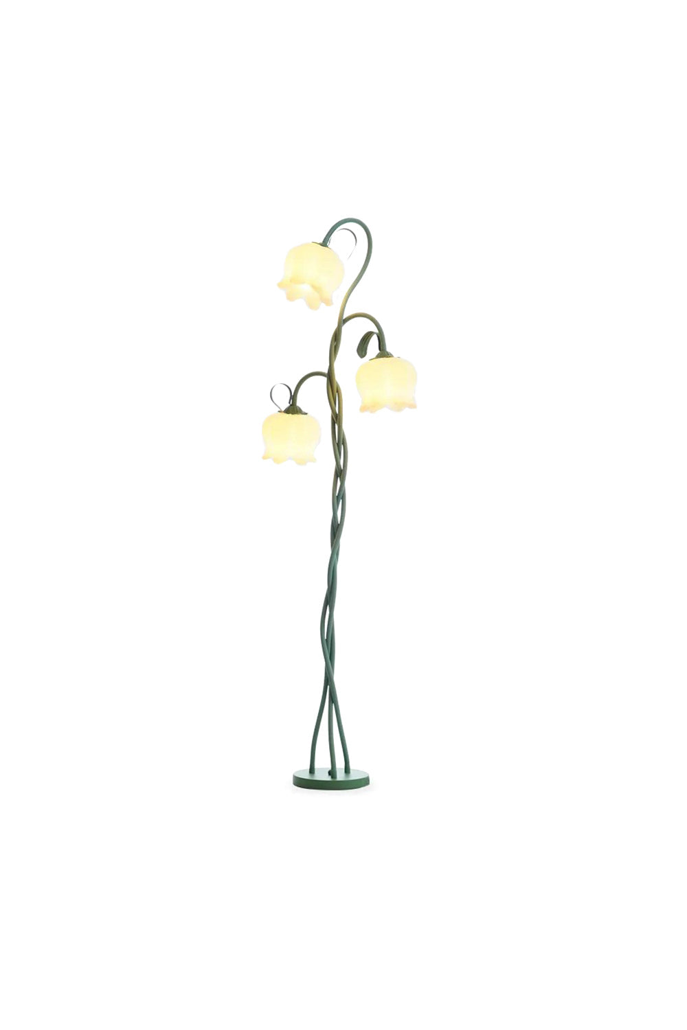 Linnea Tulip Bloom Floor Lamp | Glass and Green Metal | Front full view on a pure white background, illuminated | vexa lamps