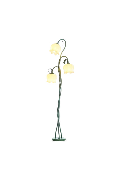 Linnea Tulip Bloom Floor Lamp | Glass and Green Metal | Front full view on a pure white background, illuminated | vexa lamps