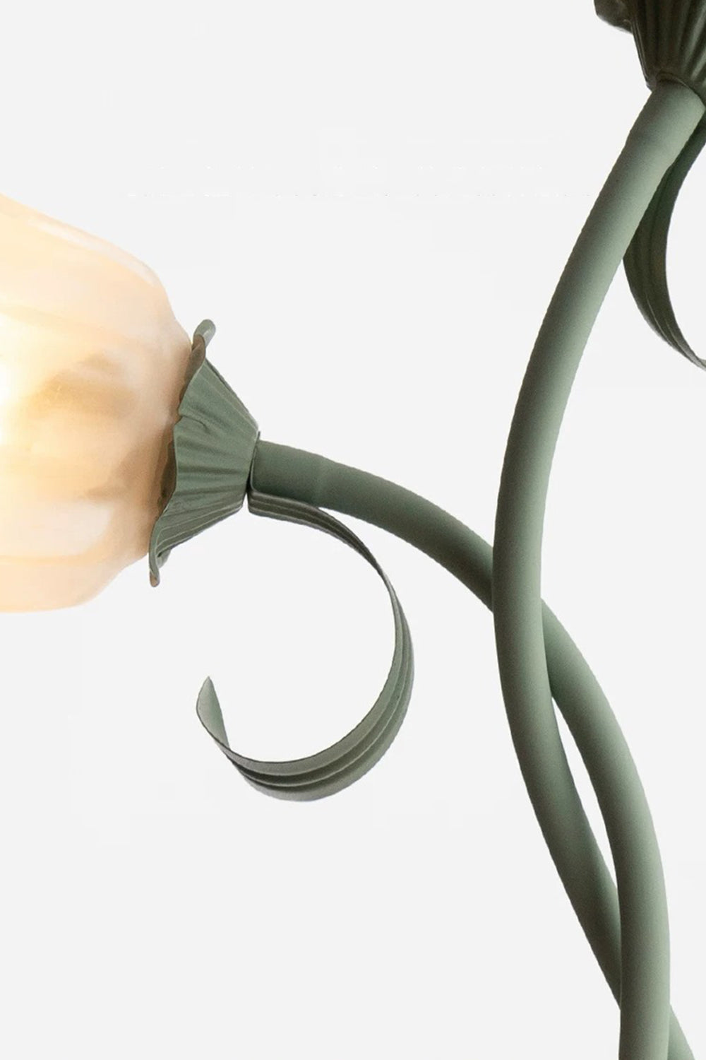 Linnea Tulip Bloom Floor Lamp | Glass and Green Metal | Detail shot showing a frosted glass tulip shade and curved vine-like green stem | vexa lamps