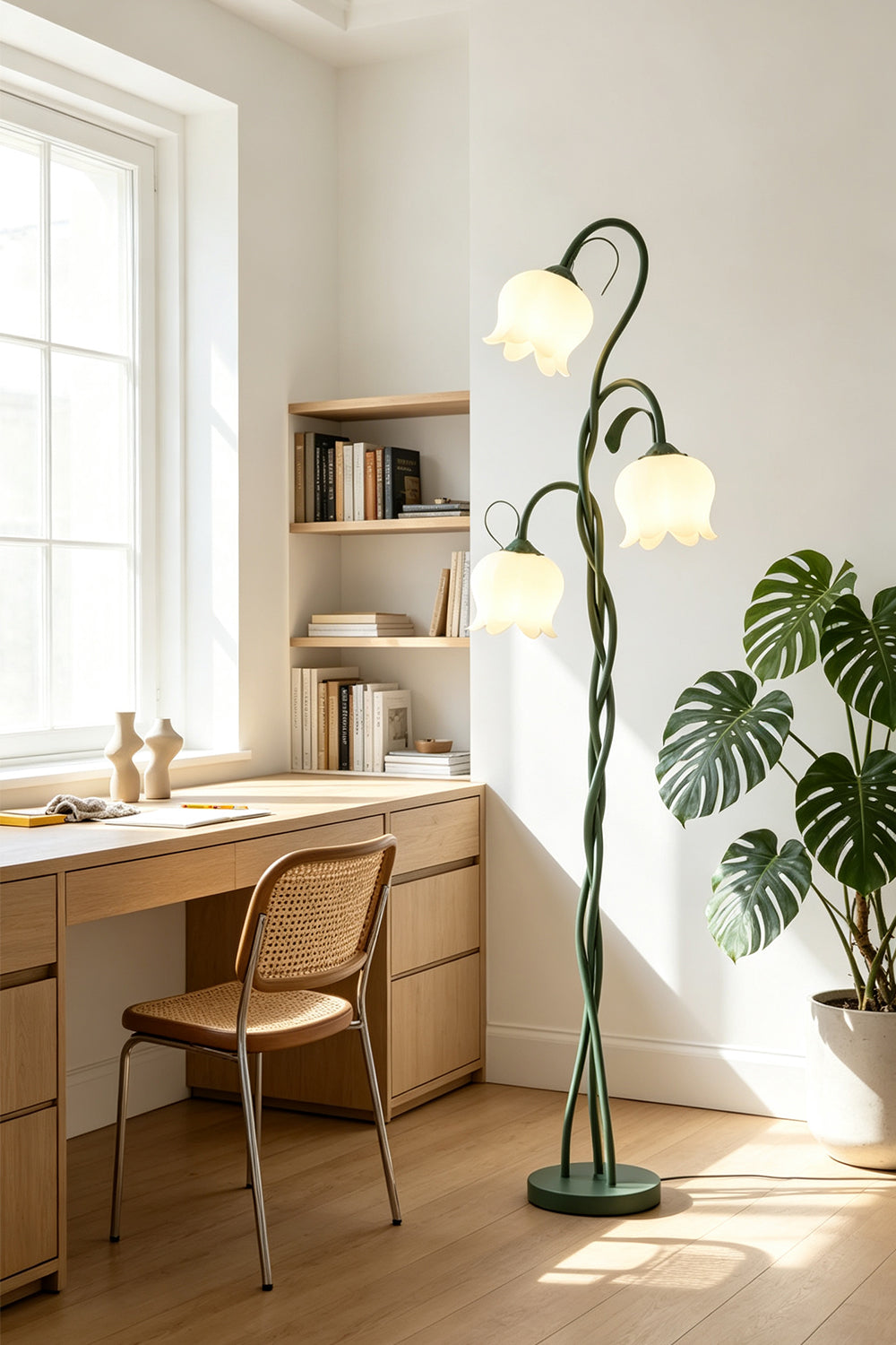 Linnea Tulip Bloom Floor Lamp | Glass and Green Metal | Placed beside a wooden desk in a sunny home office space | vexa lamps
