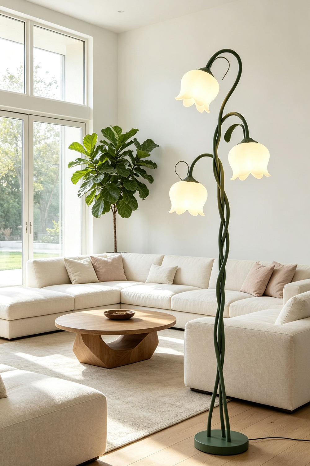 Linnea Tulip Bloom Floor Lamp | Glass and Green Metal | Styled near a white sectional sofa in a cozy living room with large windows | vexa lamps