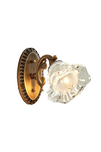 Lisette Blossom Glass Brass Wall Lamp | Glass and Brass | Front angled full view on a pure white background, illuminated | vexa lamps
