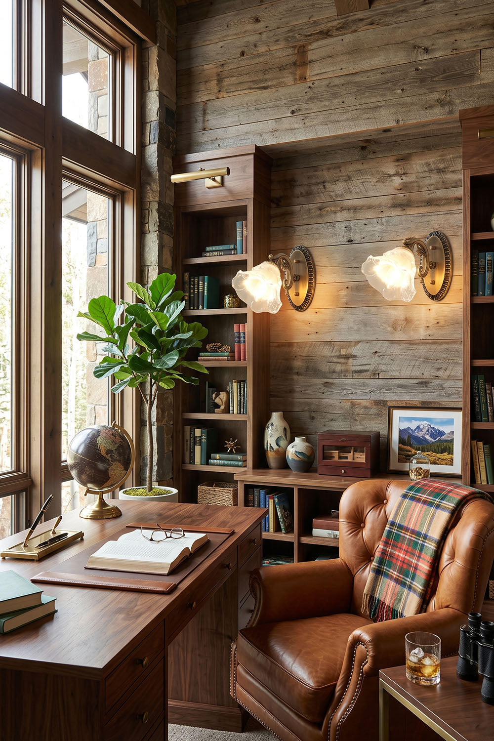 Lisette Blossom Glass Brass Wall Lamp | Glass and Brass | Mounted on a wall in a classic home office with a wooden desk and leather chair | vexa lamps