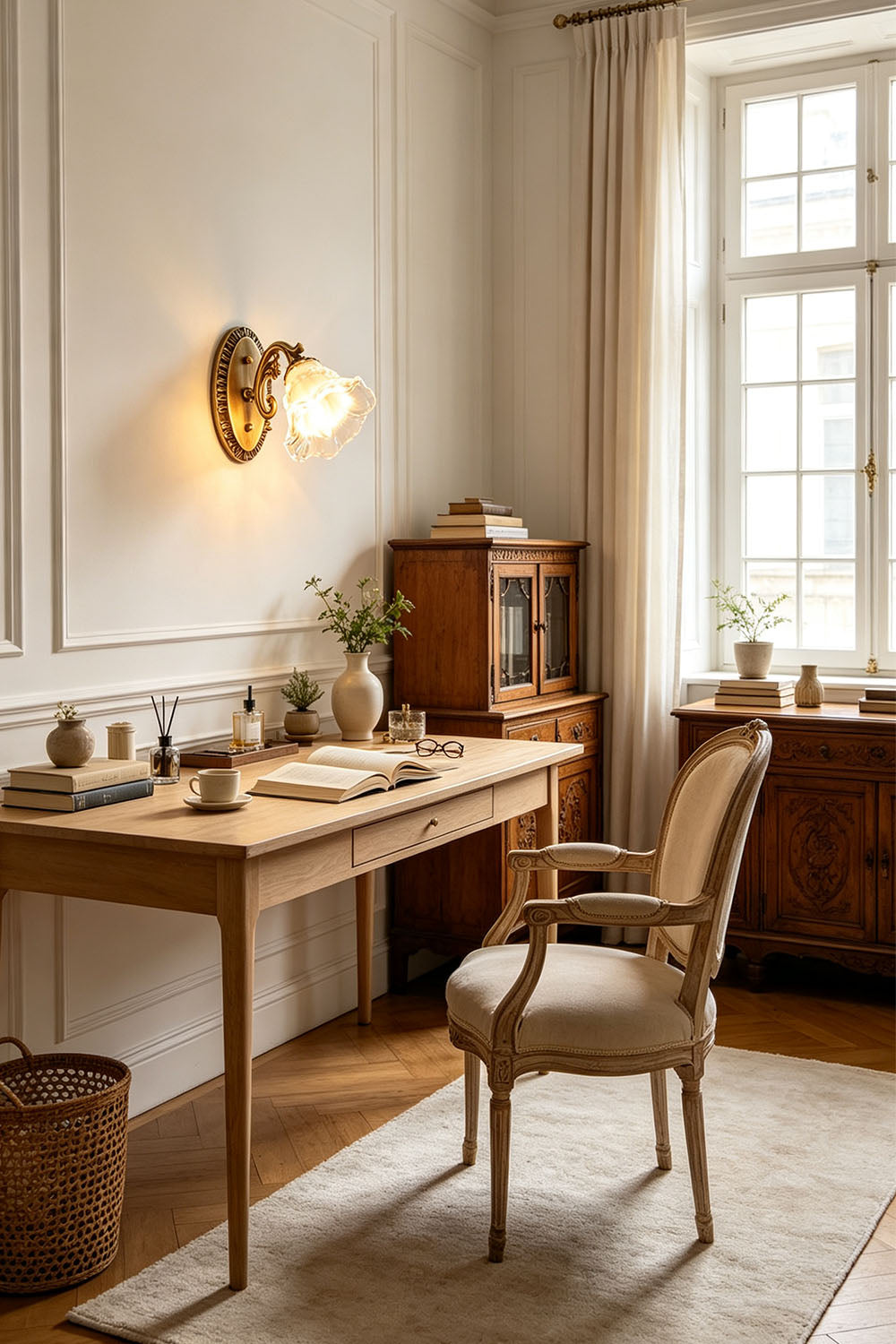 Lisette Blossom Glass Brass Wall Lamp | Glass and Brass | Displayed in an elegant study room above a wooden desk near a window | vexa lamps
