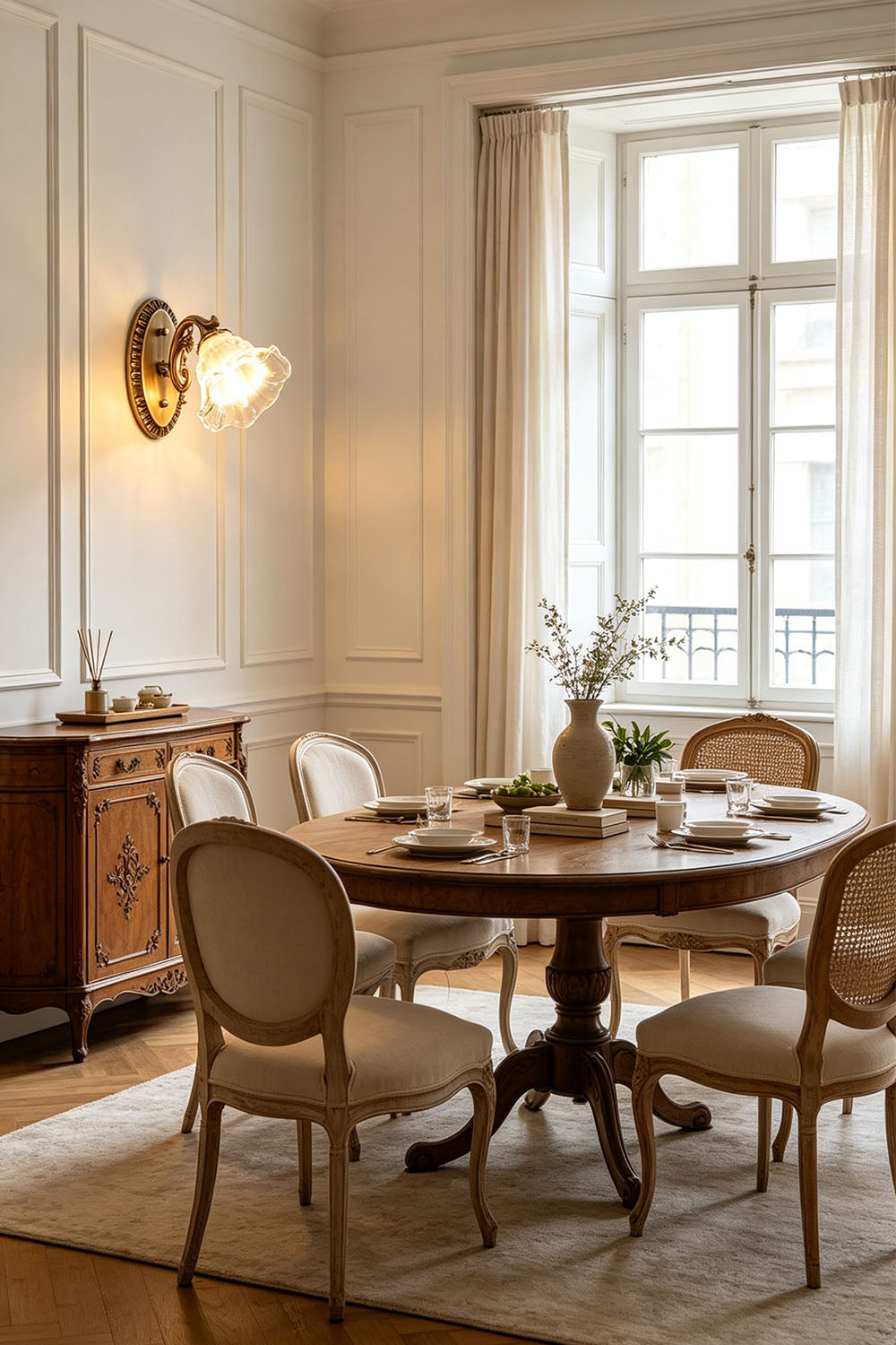 Lisette Blossom Glass Brass Wall Lamp | Glass and Brass | Illuminating a classic dining room with a round wooden table | vexa lamps