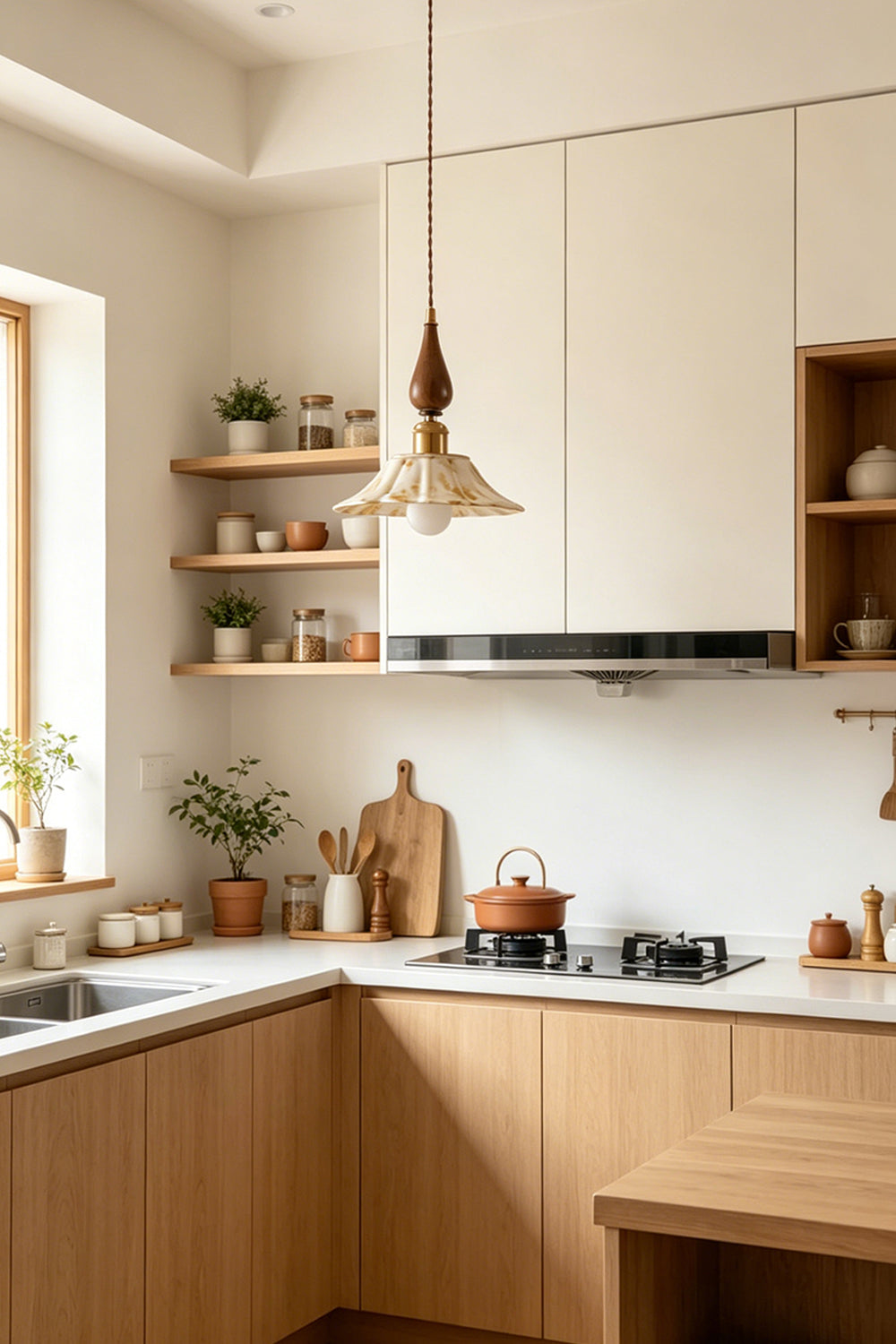 Lotus Ceramic Wood  Pendant Light for Kitchen | Samu  Lamp