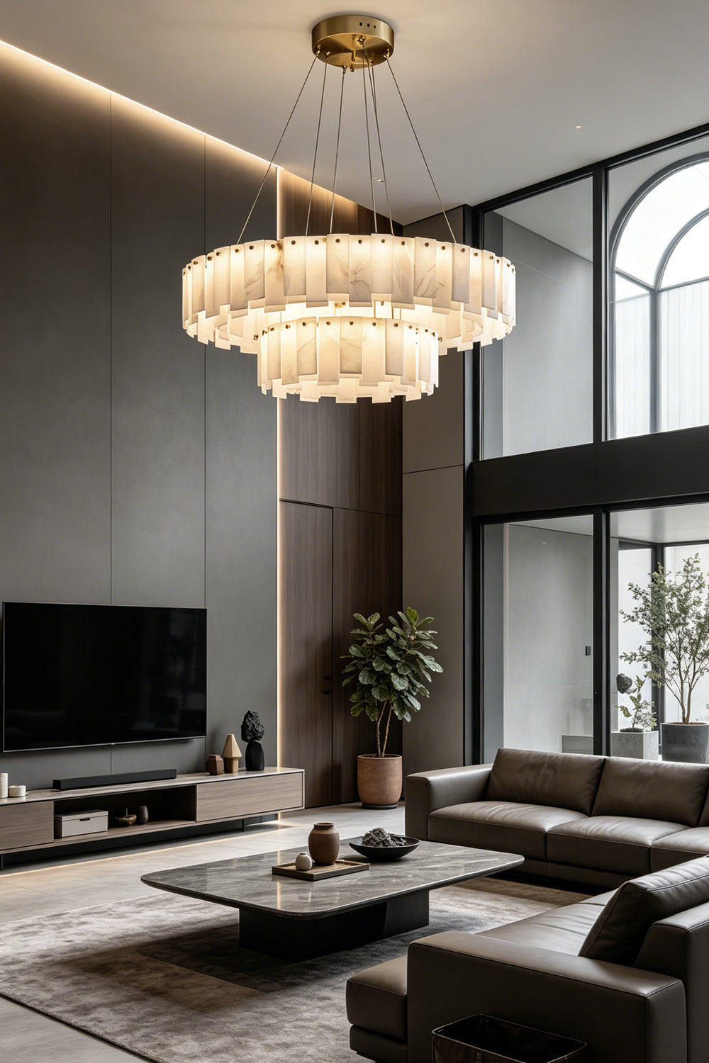 Luminous Alabaster Halcyon Chandelier | Alabaster, Brass | Feature lighting in spacious high-ceiling lounge | vexa lamps