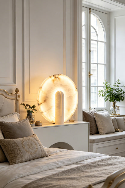 Lunar Horizon Alabaster Table Lamp | Alabaster | Lit on bedside table in bright modern bedroom | vexa lamps