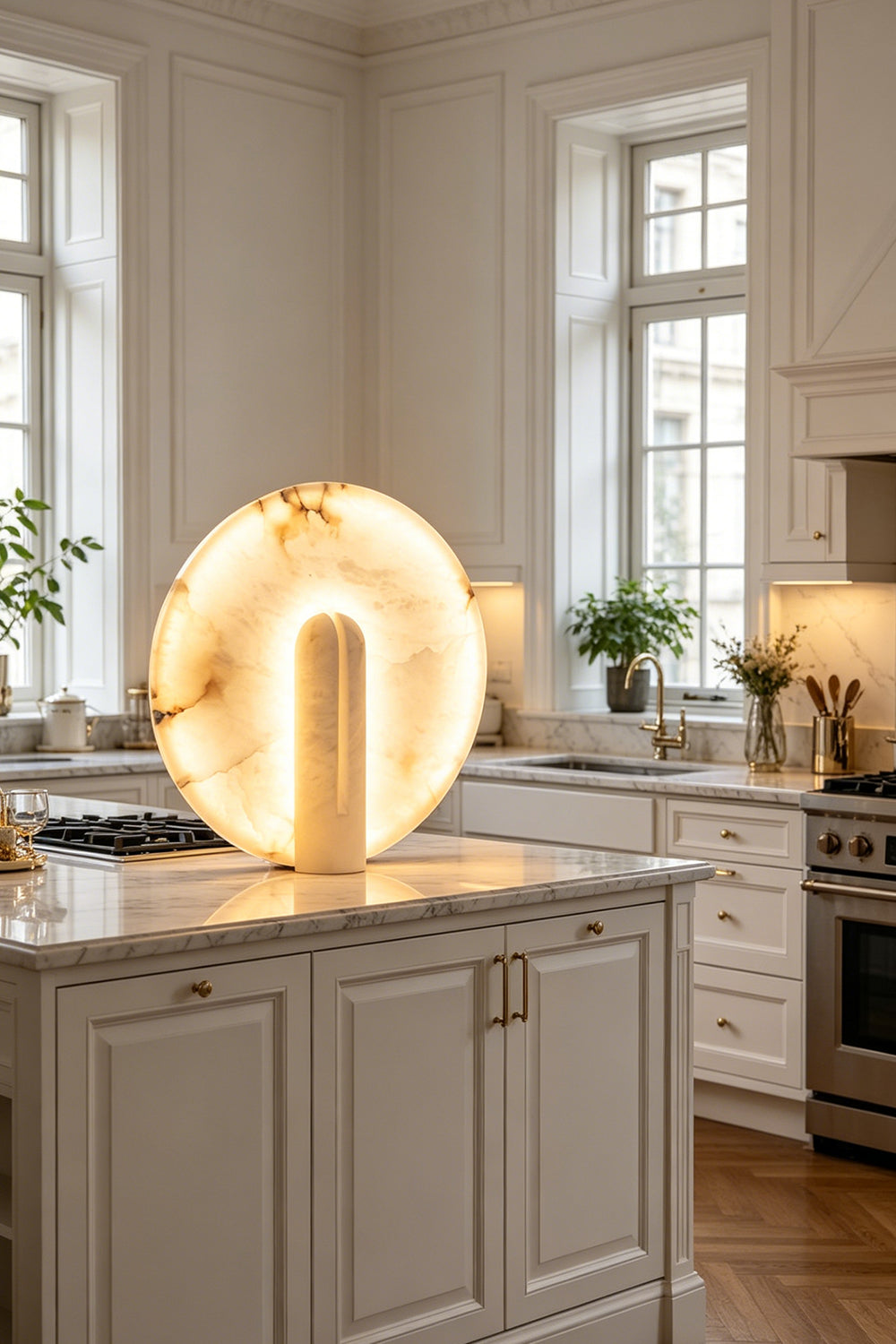 Lunar Horizon Alabaster Table Lamp | Alabaster | Accent lighting on white kitchen island | vexa lamps