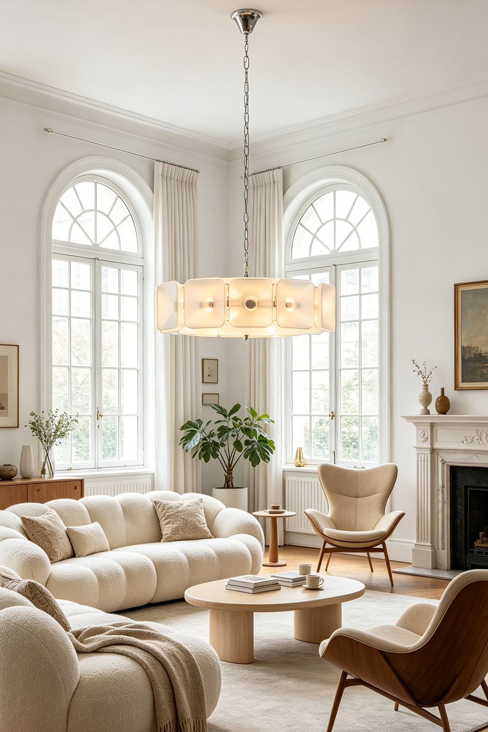 Lyra Geometric Glass Chandelier | Glass, Metal | Styled as grand overhead lighting in a luxurious classical living room featuring arched windows and cream upholstery | vexa lamps