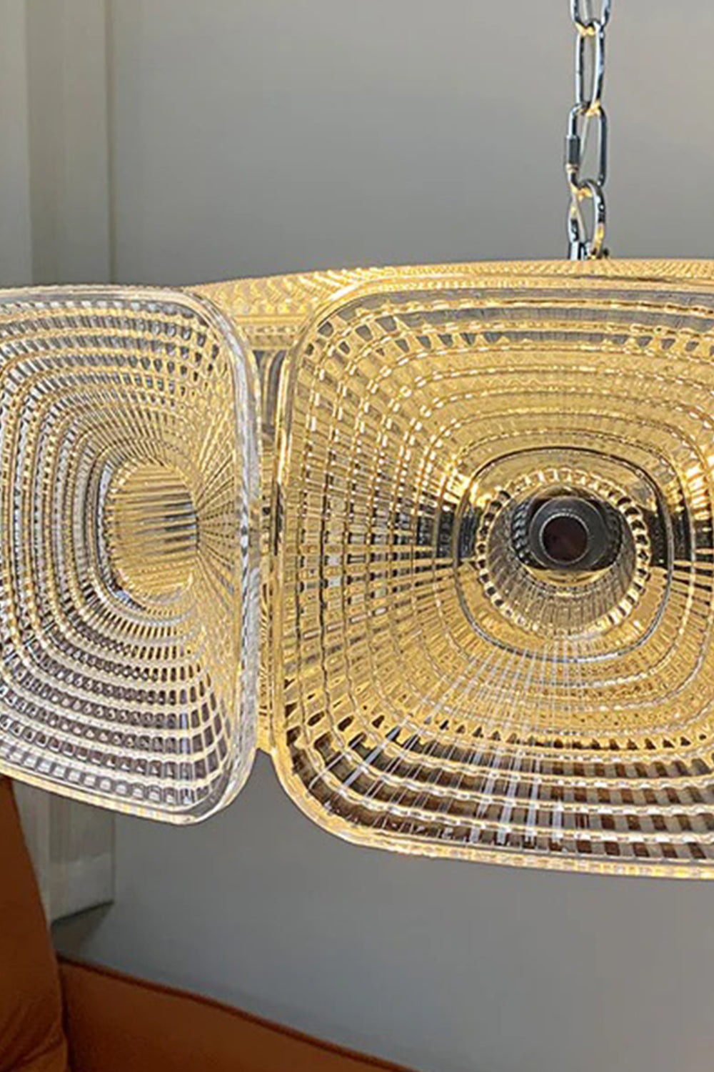Lyra Geometric Glass Chandelier | Glass, Metal | Side profile close-up shot highlighting the interlocking square geometric glass tiles and the sleek inner metal ring structure | Detail shot | vexa lamps
