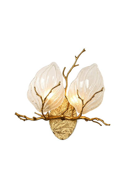 Magnolia Arbor Brass Wall Lamp | Brass, Glass | Organic dual magnolia petal glass shades cradled by sculpted golden brass branches on a textured oval base | Isolated lit product shot on white background | vexa lamps