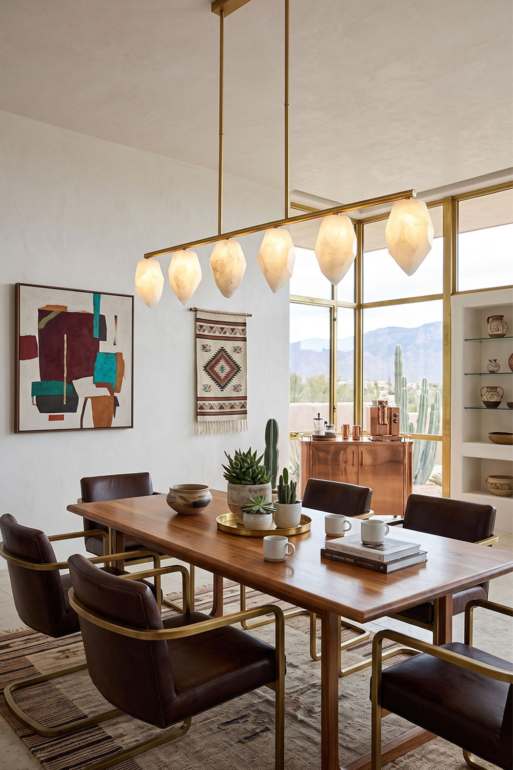 Manon Alabaster Drop Linear Chandelier | Natural Alabaster and Brass | Centered above a formal dining table with leather chairs and abstract wall art | vexa lamps