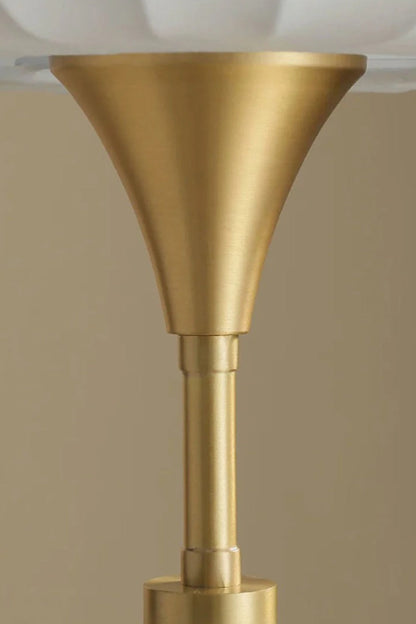 Maren Woven Silk Gourd Table Lamp | Woven Silk, Brass and Wood | Close-up view of the flared brass neck supporting the shade | vexa lamps