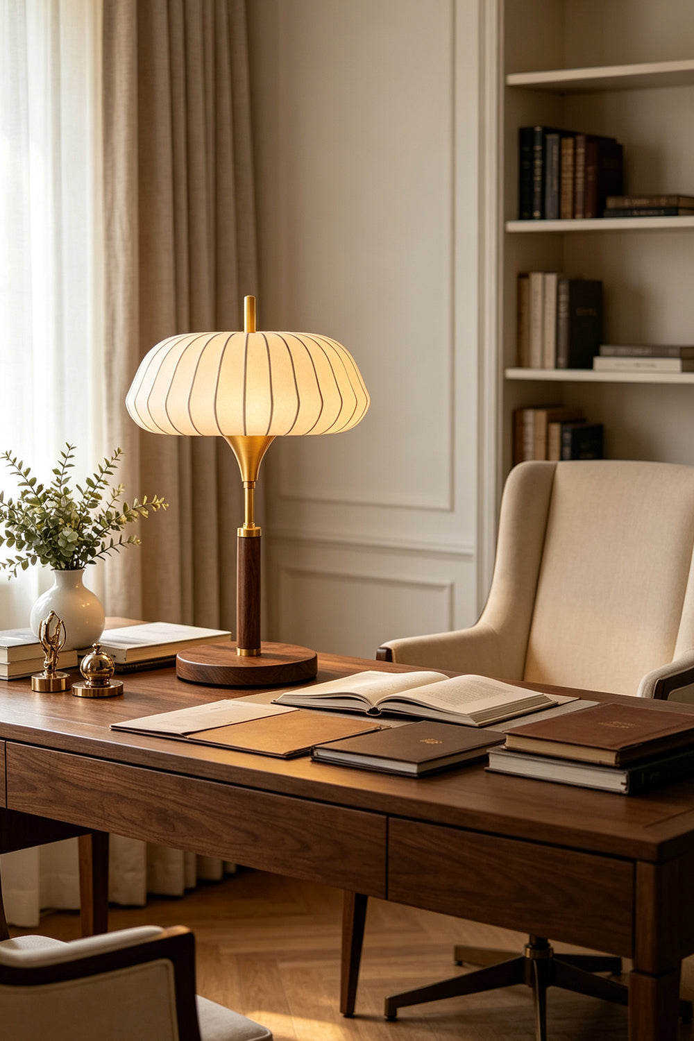 Maren Woven Silk Gourd Table Lamp | Woven Silk, Brass and Wood | Placed on a wooden desk in a cozy home office setting | vexa lamps