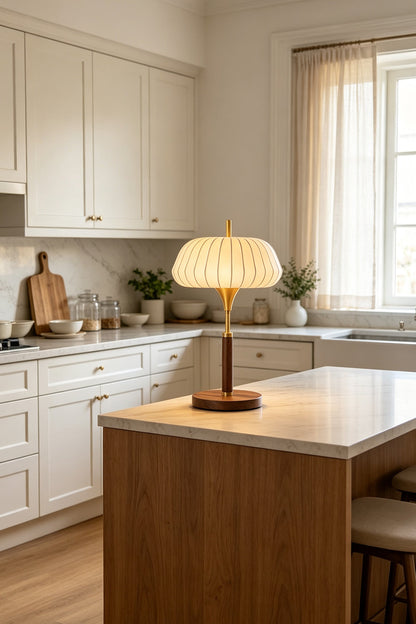 Maren Woven Silk Gourd Table Lamp | Woven Silk, Brass and Wood | Displayed on a modern kitchen island with warm lighting | vexa lamps