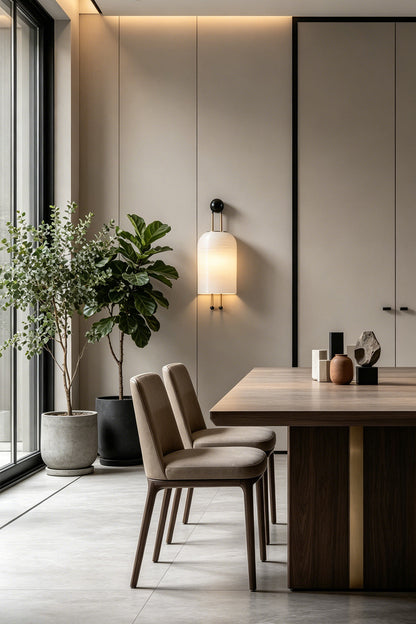 Marlow Linear Ribbed Glass Wall Lamp | Glass, Metal | Providing a warm ambient glow in a contemporary dining room next to a long wooden table and sleek chairs | vexa lamps