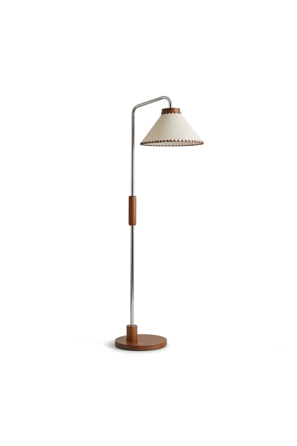 Marlowe Angled Linen Reading Floor Lamp | Linen, Wood, and Chrome Metal | Full studio view isolated on a white background showing its curved neck and round wooden base | vexa lamps
