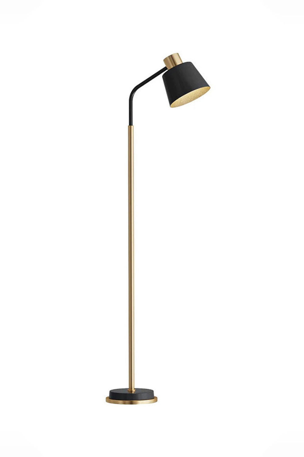 Marlowe Gooseneck Reading Floor Lamp | Matte Black and Brass | Full product isolated on a pure white background showing the flexible gooseneck arm and metal base | vexa lamps
