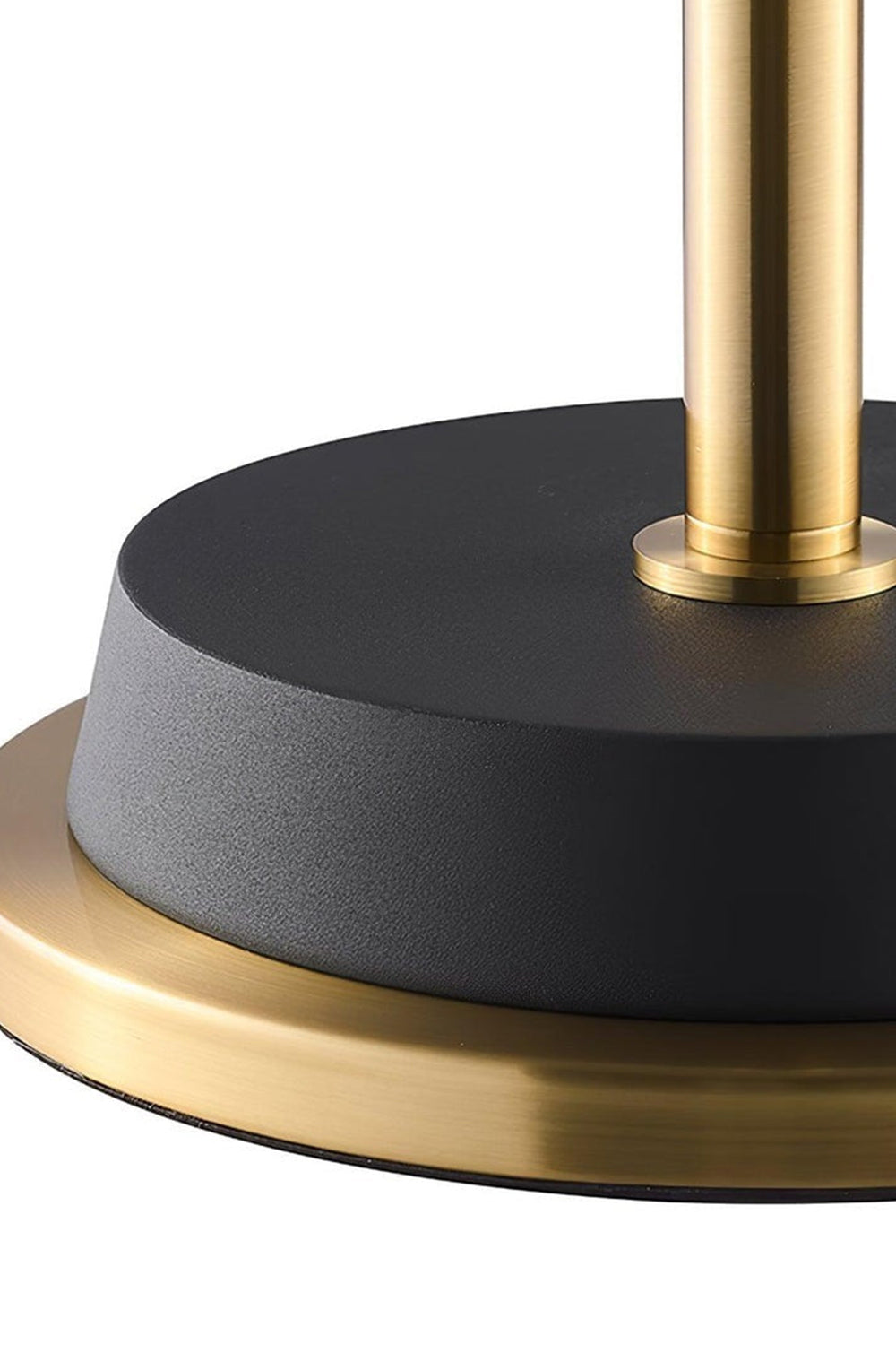 Marlowe Gooseneck Reading Floor Lamp | Matte Black and Brass | Macro detail shot highlighting the heavy circular base with brushed gold brass ring | vexa lamps
