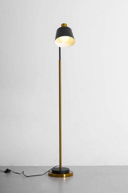 Marlowe Gooseneck Reading Floor Lamp | Matte Black and Brass | Full length studio product shot lit against a light grey neutral background | vexa lamps