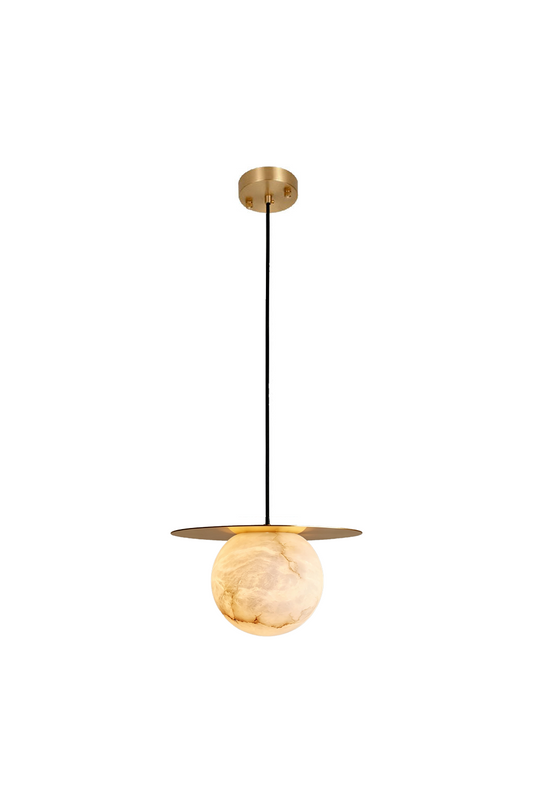 Marne Alabaster Sphere Brass Pendant Light | Natural Alabaster and Brass | Front full view on a pure white background, illuminated | vexa lamps