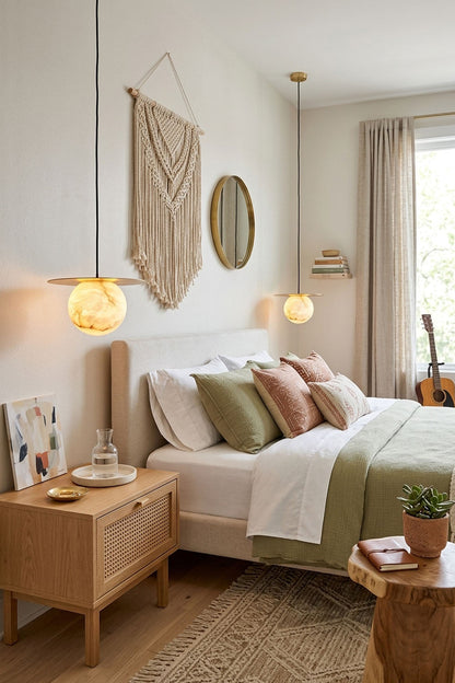 Marne Alabaster Sphere Brass Pendant Light | Natural Alabaster and Brass | Suspended beside a bed over a wooden nightstand in a cozy bedroom | vexa lamps